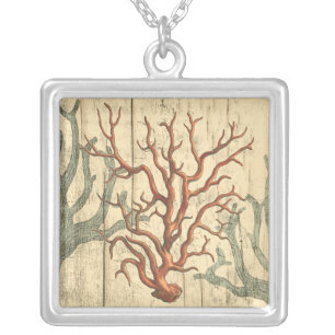 Wood and Small Coral Silver Plated Necklace