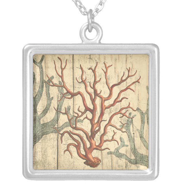 Wood and Small Coral Silver Plated Necklace (Front)