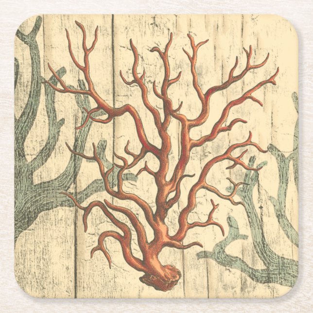 Wood and Small Coral Square Paper Coaster (Front)