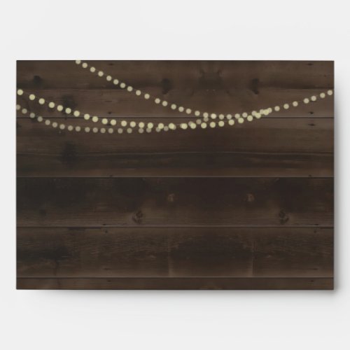 Wood and String Fairy Lights on Personalized Envelope - Beautiful dark wood envelope with fairy lights is the perfect complement for your rustic invitation.