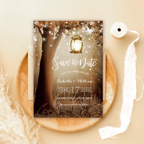 Wood and String Lights Rustic Save the Date Card