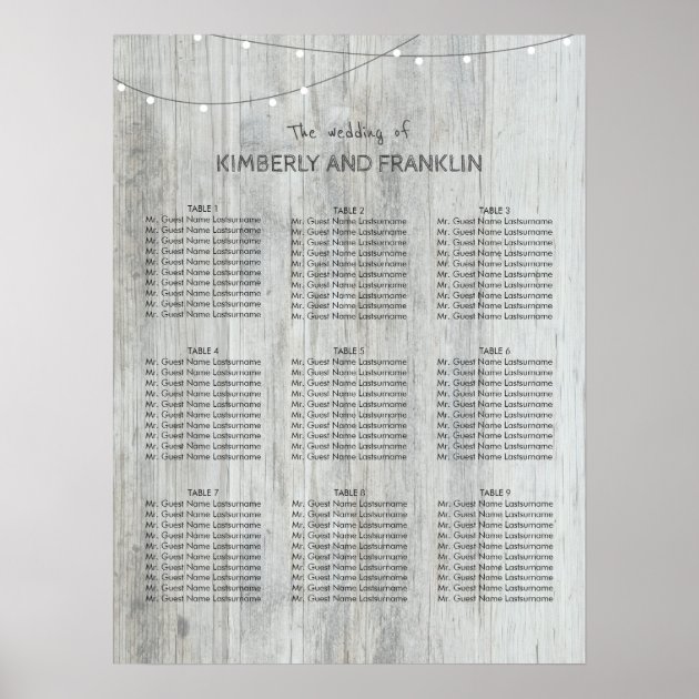 Wood And String Lights Wedding Seating Charts Poster