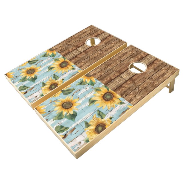 Wood and sunflower pattern cornhole set (Angled)