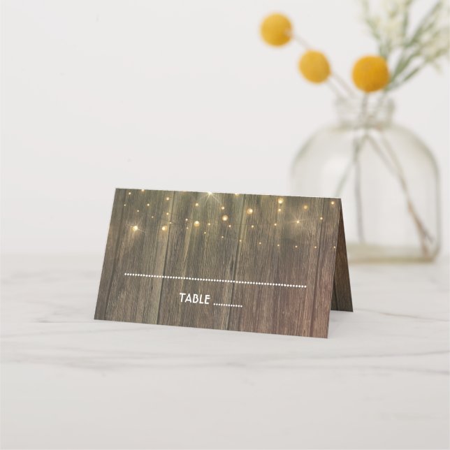 Wood and Wedding Lights Rustic Country Place Card (Front)