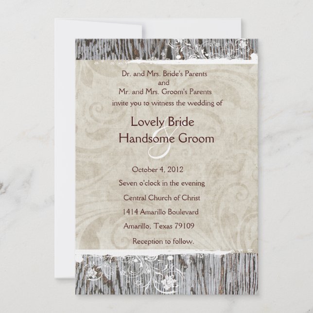 Wood and White Shabby Lace Wedding Invitation (Front)