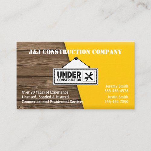 Wood and Yellow Construction  Business Card