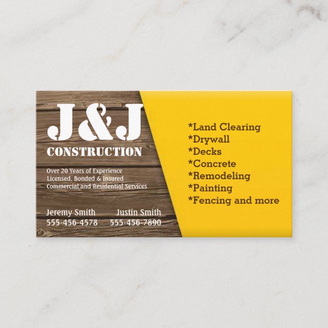 Wood and Yellow Construction  Business Card (Front)