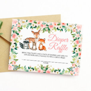 Wood Animals & Pink Rose Diaper Raffle Card