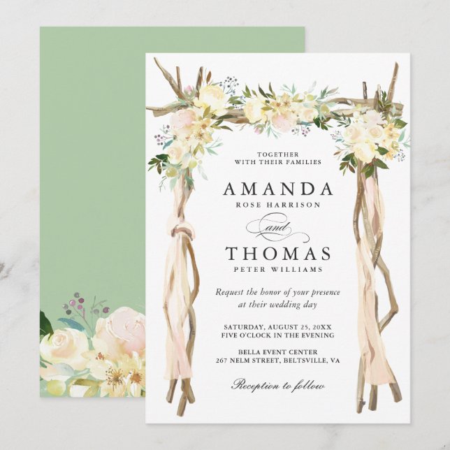 Wood Arbor Arch Ivory White Rustic Floral Wedding Invitation (Front/Back)