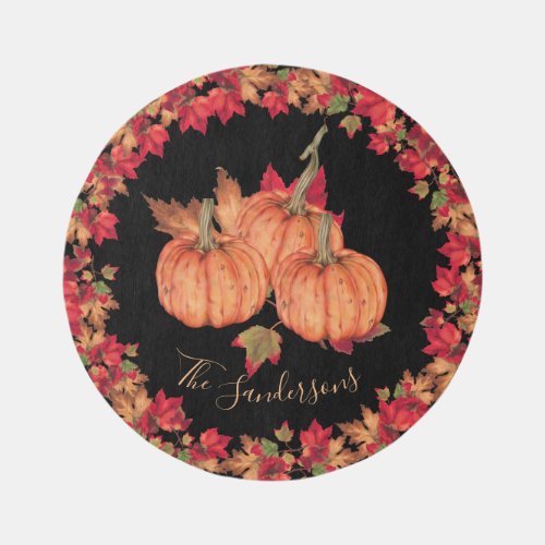 Wood Autumn Orange Pumpkin Fall Leaf Black Round   Outdoor Rug