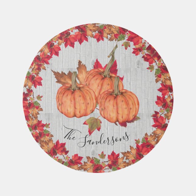Wood Autumn Orange Pumpkins Fall Leaf Gray Round   Outdoor Rug (Front)