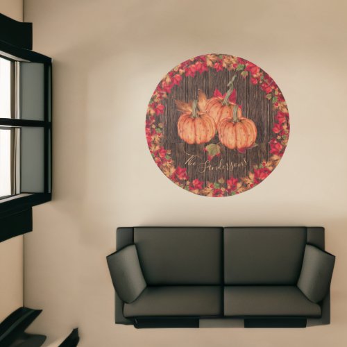 Wood Autumn Orange Pumpkins Fall Leaves  Round   Rug