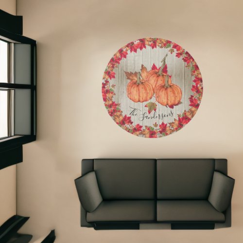 Wood Autumn Orange Pumpkins Fall Warm Gray Round   Rug