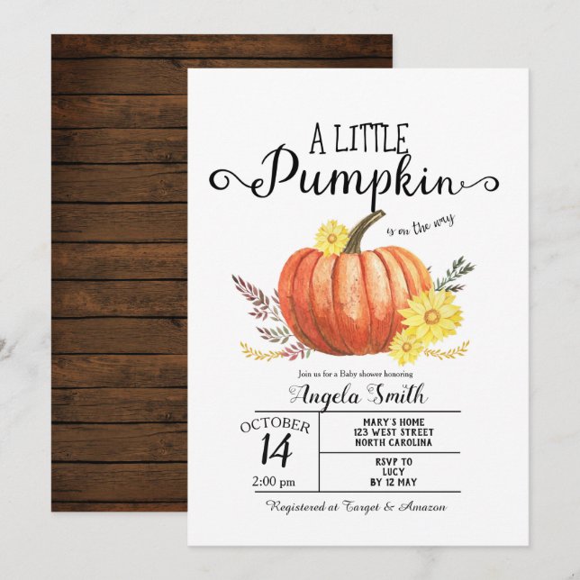 Wood Baby Shower Little Pumpkin Invitation Rustic (Front/Back)