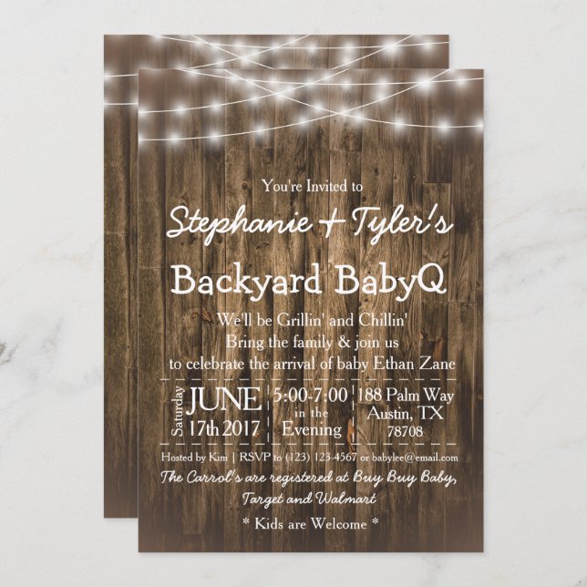 Wood BabyQ Backyard BBQ Bash Rustic Baby Shower Invitation (Front/Back)