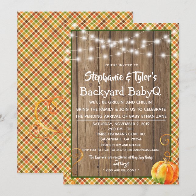 Wood BabyQ Backyard BBQ Rustic Fall Baby Shower Invitation (Front/Back)