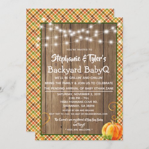 Wood BabyQ Backyard BBQ Rustic Fall Baby Shower Invitation