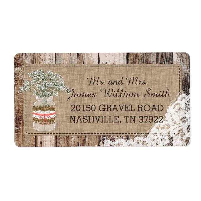 Wood Baby's Breath Lace Rustic Wedding Label (Front)
