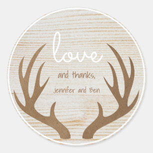 Wood Background Boho Antlers Love and Thanks Classic Round Sticker