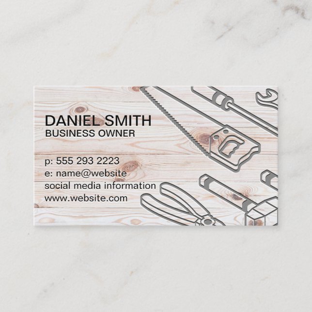 Wood Background | Construction Tools Business Card (Front)