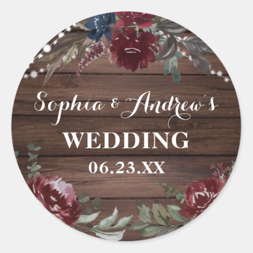 Wood Background Marsala Navy Flower Rustic Wedding Classic Round Sticker
