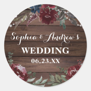 Wood Background Marsala Navy Flower Rustic Wedding Classic Round Sticker