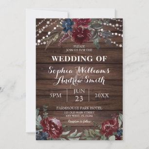 Wood Background Marsala Navy Flower Rustic Wedding Invitation