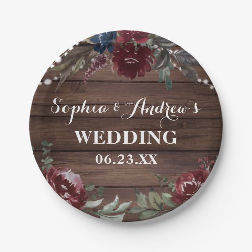 Wood Background Marsala Navy Flower Rustic Wedding Paper Plates