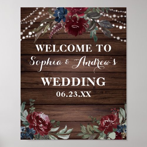 Wood Background Marsala Navy Flower Rustic Wedding Poster
