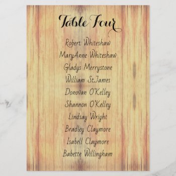 Wood Background Table Number Sheet Guest Names by sandpiperWedding at Zazzle
