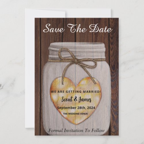 Wood Background with Heart Mason Jar Save The Date