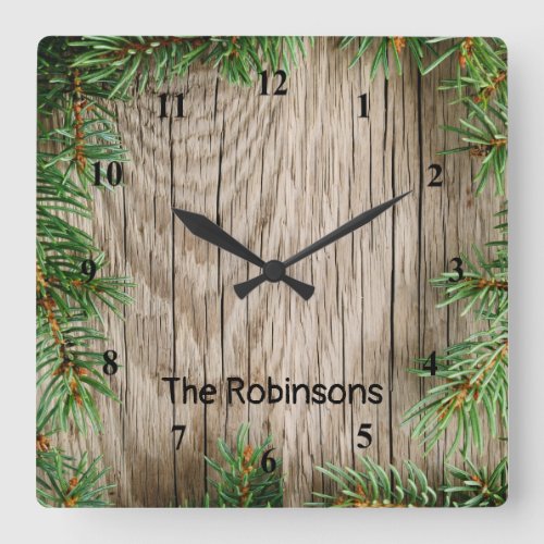 Wood Background with Pine Border Square Wall Clock