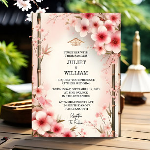 Wood Bamboo Pink Sakura Cherry Blossom Wedding Invitation