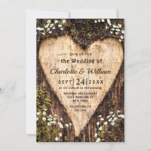 Wood Bark Baby Breath Heart Rustic Wedding Invitation