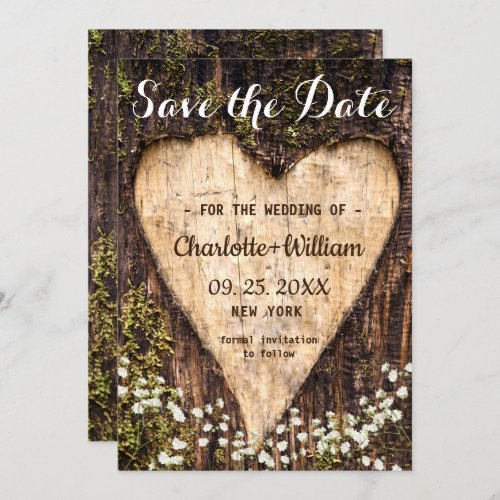 Wood Bark Baby Breath Heart Rustic Wedding Save The Date