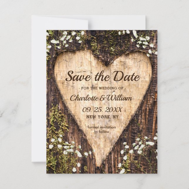 Wood Bark Baby Breath Heart Rustic Wedding Save The Date (Front)
