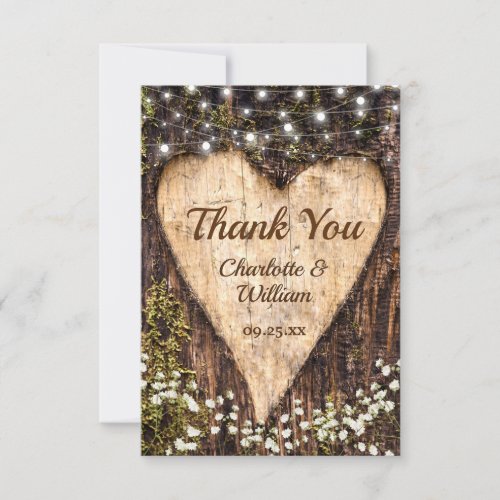 Wood Bark Baby Breath Heart Rustic Wedding Thank You Card