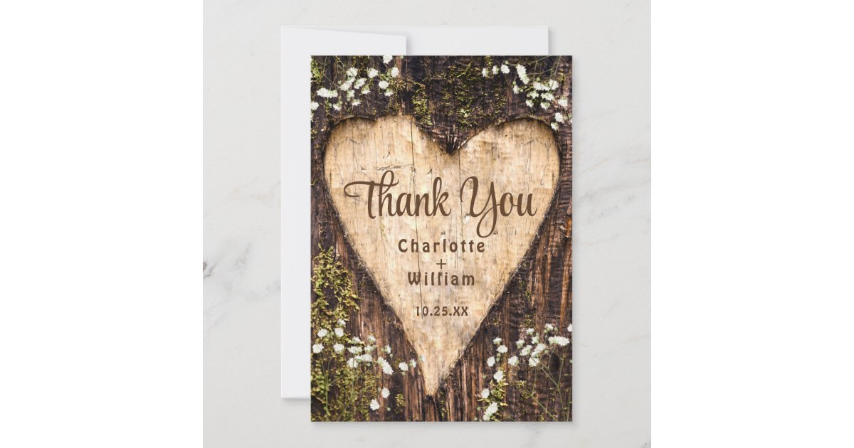 Wood Bark Baby Breath Heart Rustic Wedding Thank You Card | Zazzle