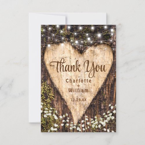 Wood Bark Baby Breath Heart Rustic Wedding Thank You Card