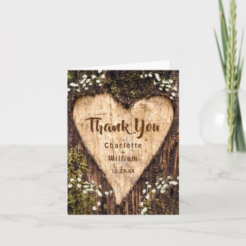 Wood Bark Baby Breath Heart Rustic Wedding Thank You Card