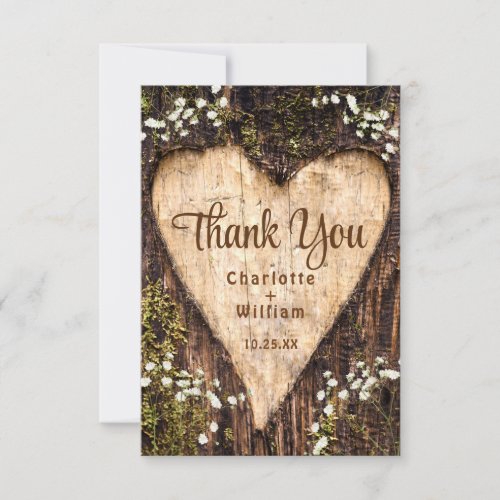 Wood Bark Baby Breath Heart Rustic Wedding Thank You Card