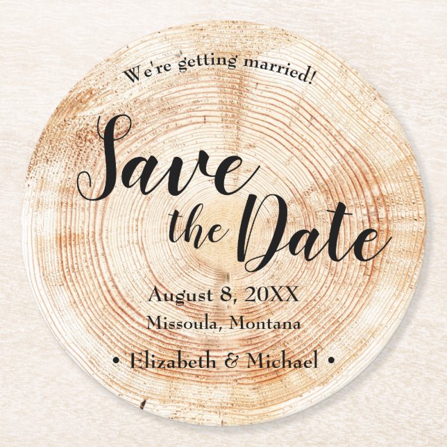 Wood Bark Disc Rustic Wedding Save the Date  Round Paper Coaster (Front)