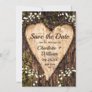 Wood Bark Heart Baby Breath Wedding Save The Date
