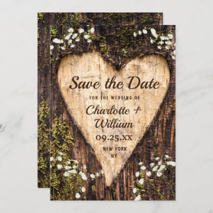 Wood Bark Heart Baby Breath Wedding Save The Date