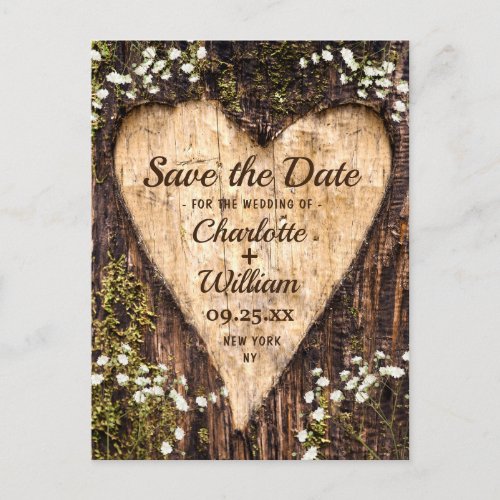 Wood Bark Heart Baby Breath Wedding Save The Date Announcement Postcard