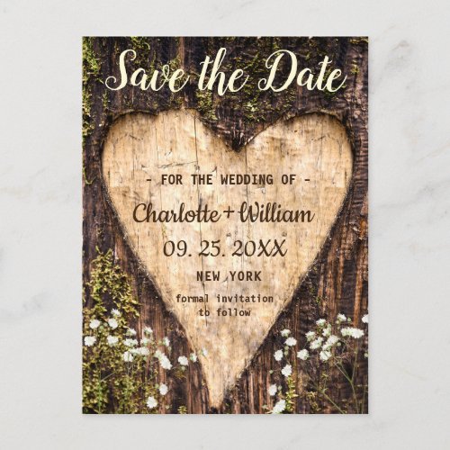 Wood Bark Heart Baby Breath Wedding Save The Date Announcement Postcard