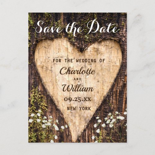 Wood Bark Heart Baby Breath Wedding Save The Date Postcard