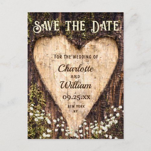 Wood Bark Heart Baby Breath Wedding Save The Date Postcard