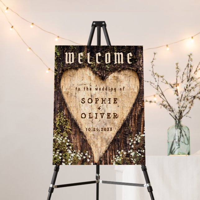 Wood Bark Heart Country Rustic WELCOME Wedding Foam Board (In Situ (Stand))