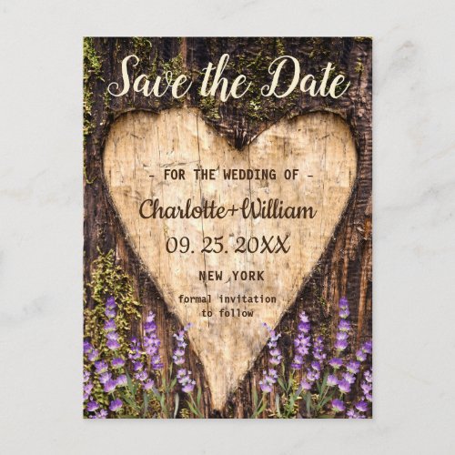 Wood Bark Heart Lavender Wedding Save The Date Postcard